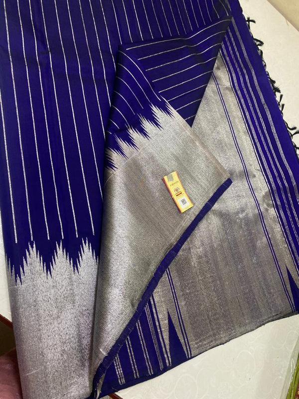 Navy Blue Kanchipuram Silk Saree with Silver Zari Temple Border