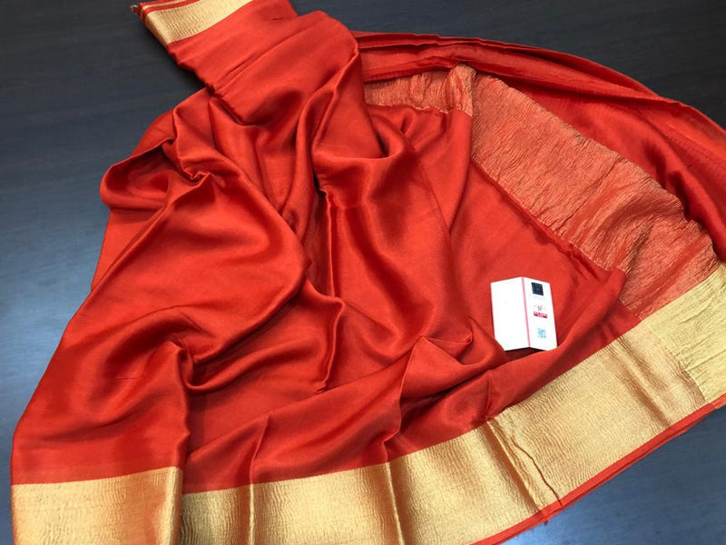 Orange Wrinkle Mysore Crepe Silk Saree