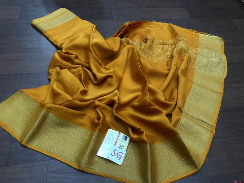 Mustard Wrinkle Mysore Crepe Silk Saree