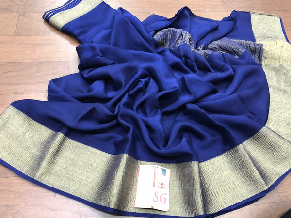 Navy Blue Wrinkle Mysore Crepe Silk Saree
