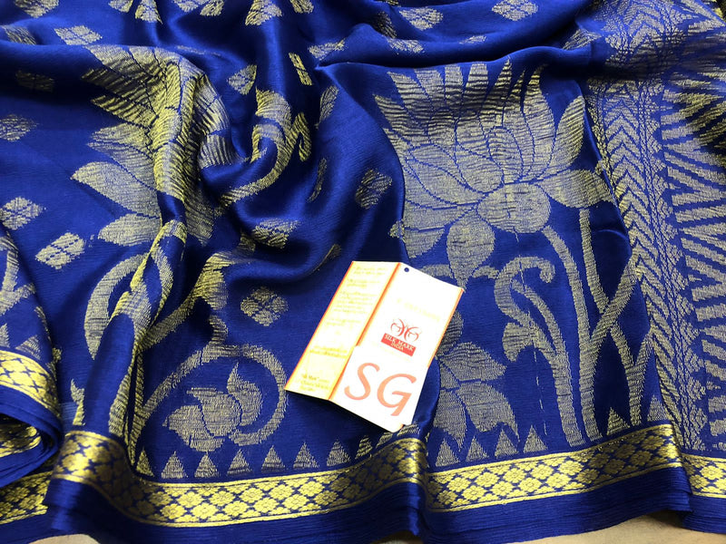 Navy Blue Wrinkle Mysore Crepe Silk Saree