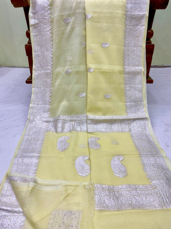 Pastel Yellow Pure Chiffon Saree