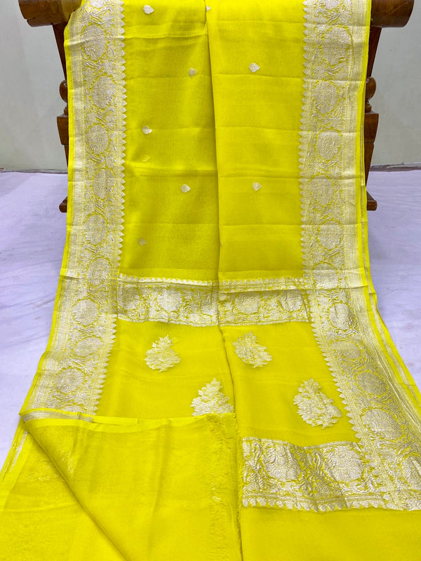 Lemon Yellow Pure Chiffon Saree
