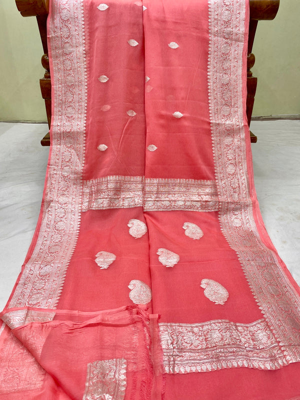 Peach Pink Pure Chiffon Saree