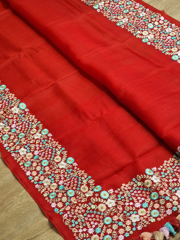 Red Organza Saree With Multi Floral Embroidery Border & Special Tassels