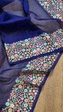 Navy Blue Organza Saree With Multi Floral Embroidery Border & Special Tassels