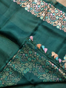 Green Organza Saree With Multi Floral Embroidery Border & Special Tassels