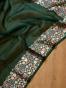 Green Organza Saree With Multi Floral Embroidery Border & Special Tassels