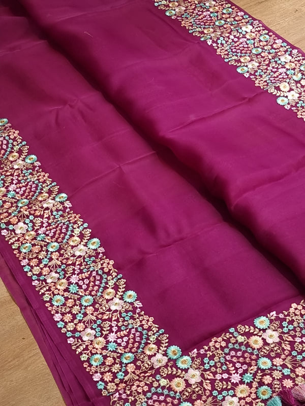 Majentha Pink Organza Saree With Multi Floral Embroidery Border & Special Tassels