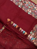 Maroon Organza Saree With Multi Floral Embroidery Border & Special Tassels