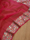 Pink Organza Saree With Multi Floral Embroidery Border & Special Tassels