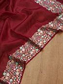 Maroon Organza Saree With Multi Floral Embroidery Border & Special Tassels