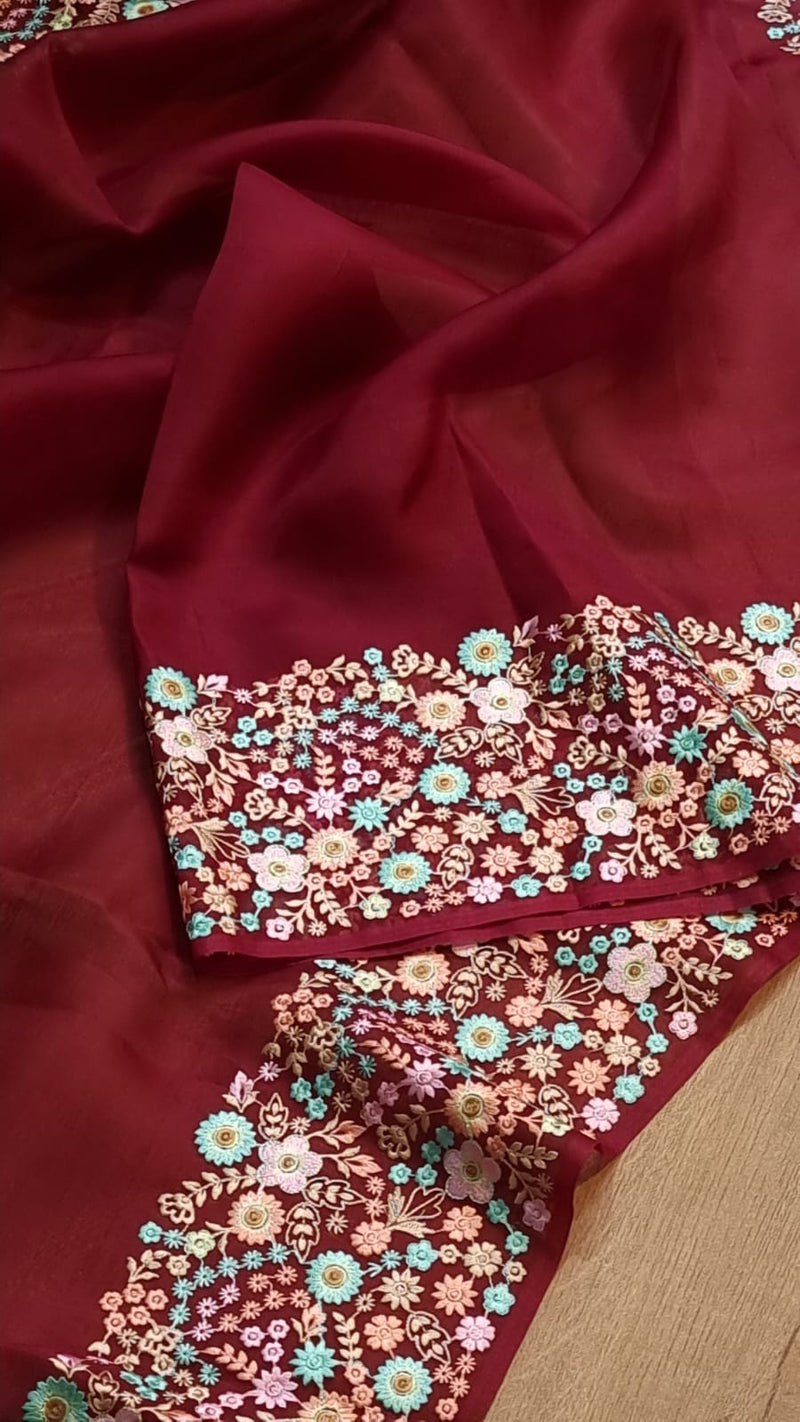 Maroon Organza Saree With Multi Floral Embroidery Border & Special Tassels