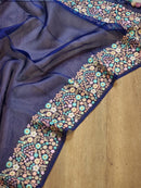 Navy Blue Organza Saree With Multi Floral Embroidery Border & Special Tassels