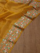 Yellow Organza Saree With Multi Floral Embroidery Border & Special Tassels