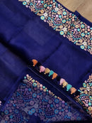 Navy Blue Organza Saree With Multi Floral Embroidery Border & Special Tassels