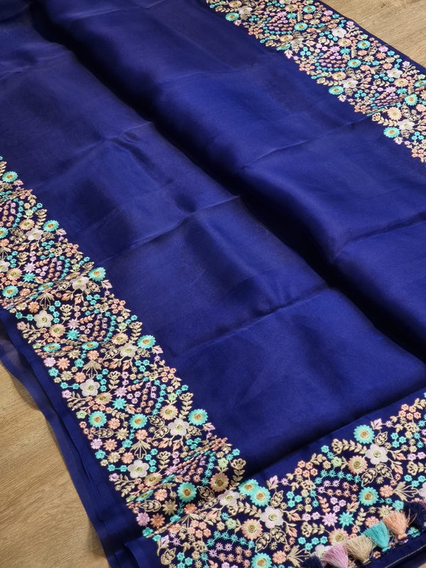 Navy Blue Organza Saree With Multi Floral Embroidery Border & Special Tassels