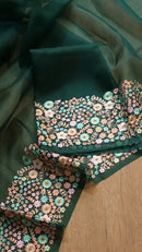 Green Organza Saree With Multi Floral Embroidery Border & Special Tassels