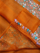 Orange Organza Saree With Multi Floral Embroidery Border & Special Tassels