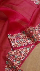 Pink Organza Saree With Multi Floral Embroidery Border & Special Tassels