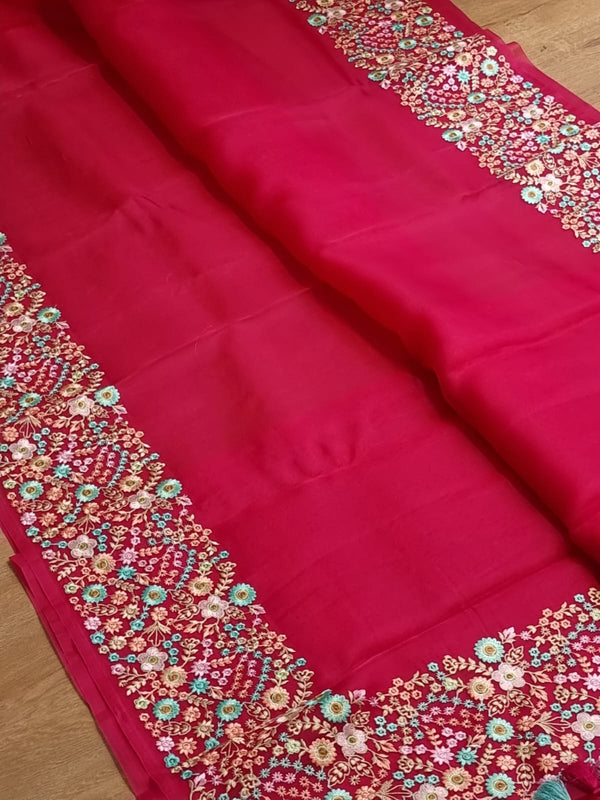 Pink Organza Saree With Multi Floral Embroidery Border & Special Tassels
