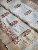 Half White Tussar Silk Embroidery Pichwai Border Butta  Saree with Special Tassels
