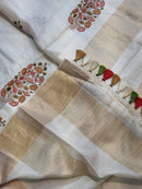 Half White Tussar Silk Embroidery Pichwai Border Butta  Saree with Special Tassels