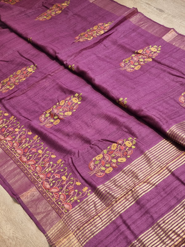 Purple Wine Tussar Silk Embroidery Pichwai Border Butta  Saree with Special Tassels