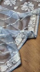 Blue Organza Saree With Parsi Gara Embroidery Border