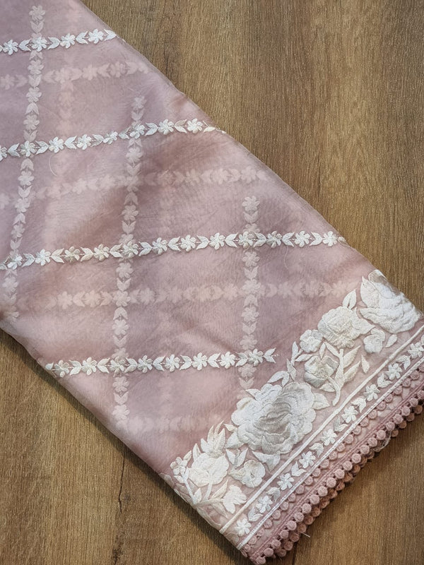 Pink Organza Saree With Parsi Gara Embroidery Border