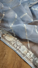 Blue Organza Saree With Parsi Gara Embroidery Border