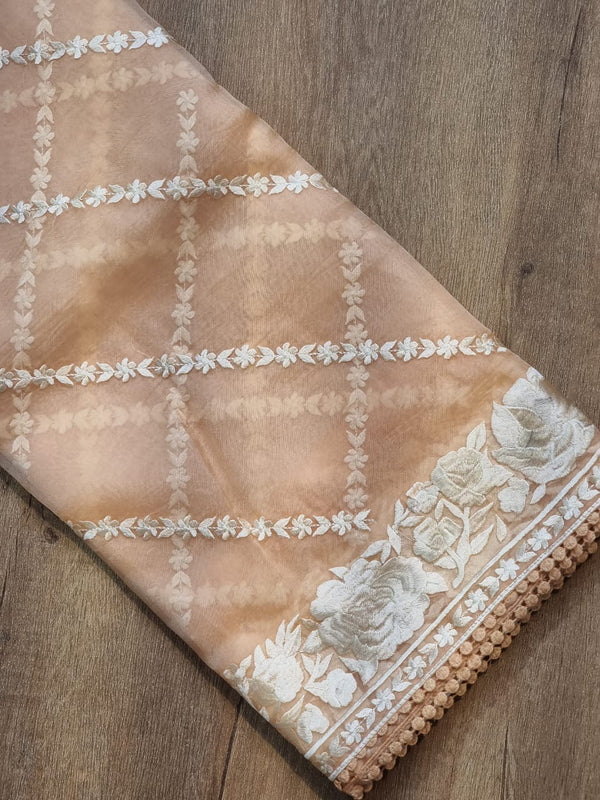 Pastel Orange Organza Saree With Parsi Gara Embroidery Border