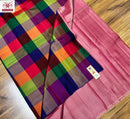 Pink Plain Soft Silk Sarees with Checked Pallu and Checked Blouse