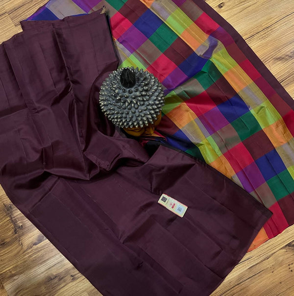 Maroon Plain Soft Silk Sarees with Checked Pallu and Checked Blouse