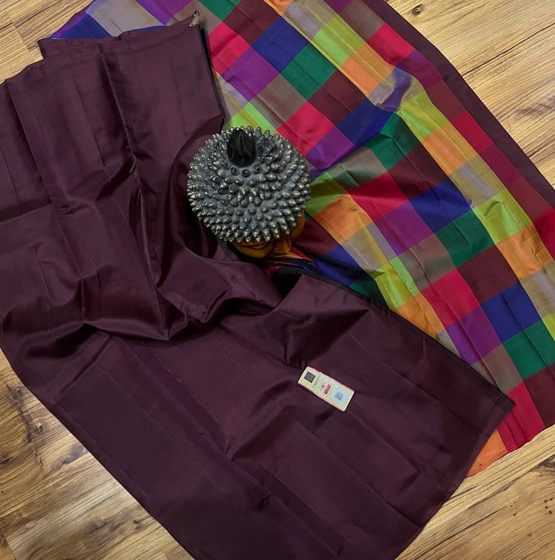 Maroon Plain Soft Silk Sarees with Checked Pallu and Checked Blouse