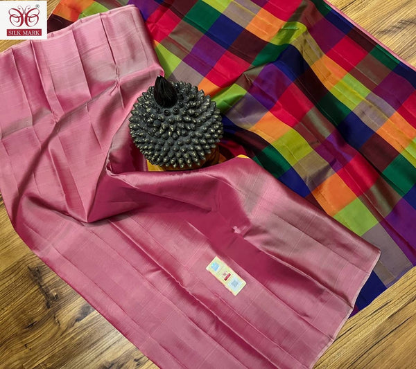 Pink Plain Soft Silk Sarees with Checked Pallu and Checked Blouse