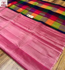 Pink Plain Soft Silk Sarees with Checked Pallu and Checked Blouse