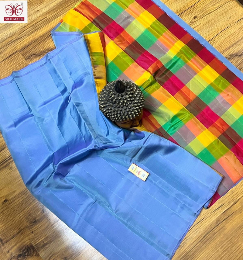 Blue Plain Soft Silk Sarees with Checked Pallu and Checked Blouse