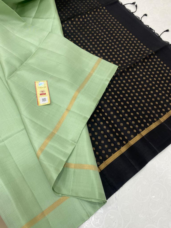 Pastel Green Plain Soft Silk Saree with Contrast Designer Pallu & Blouse