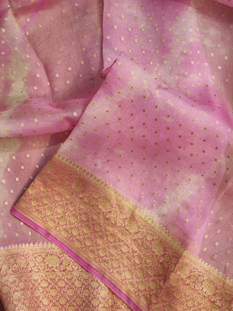 Pink Banarasi Kora Silk Saree with Lehariya Tie & Dye Pattern