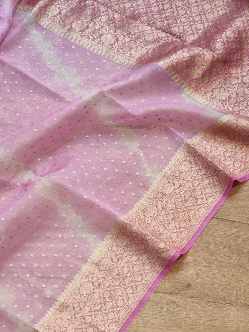 Pink Banarasi Kora Silk Saree with Lehariya Tie & Dye Pattern