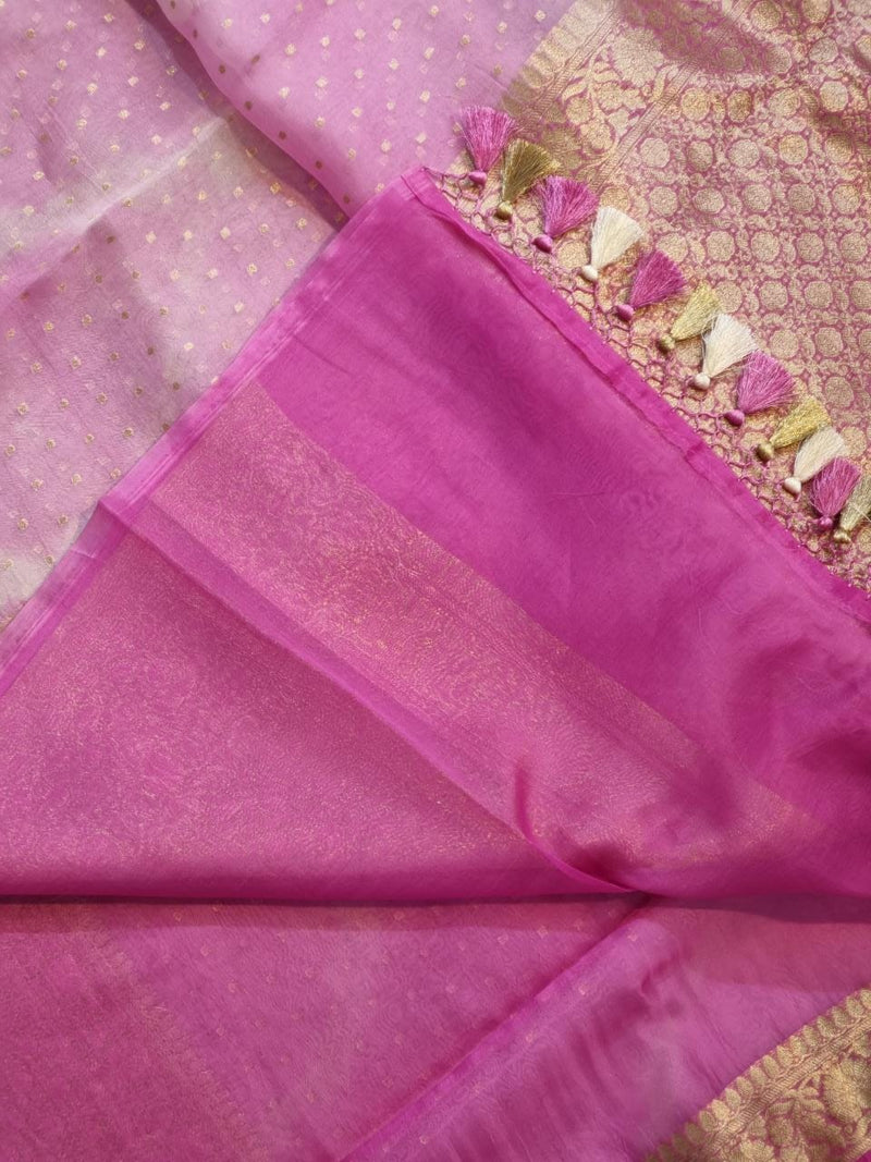 Pink Banarasi Kora Silk Saree with Lehariya Tie & Dye Pattern