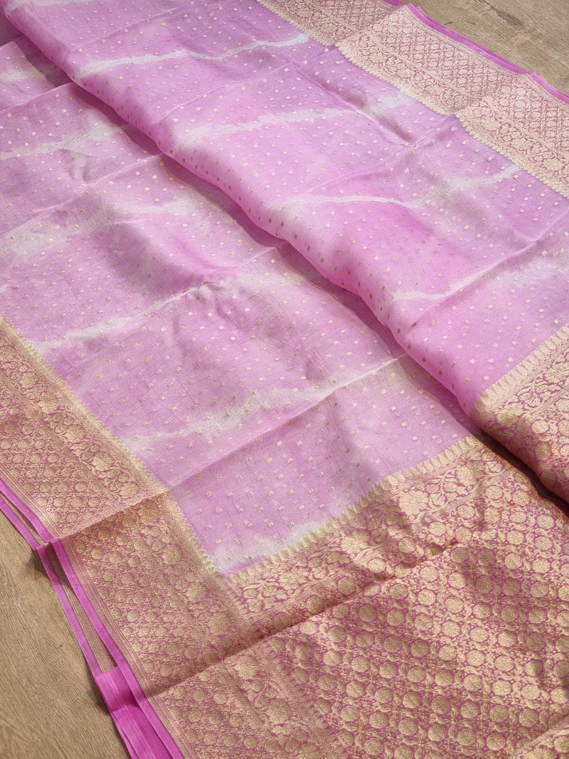 Pink Banarasi Kora Silk Saree with Lehariya Tie & Dye Pattern