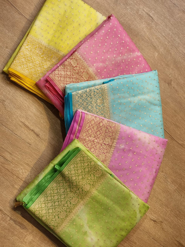 Pure Banarasi Kora Silk Sarees with Lehariya Tie & Dye Pattern