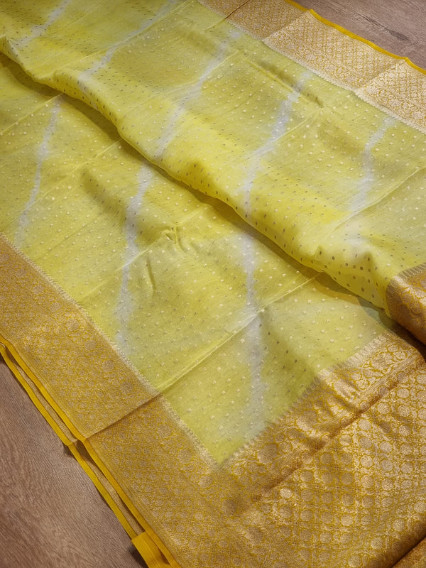 Yellow Banarasi Kora Silk Saree with Lehariya Tie & Dye Pattern