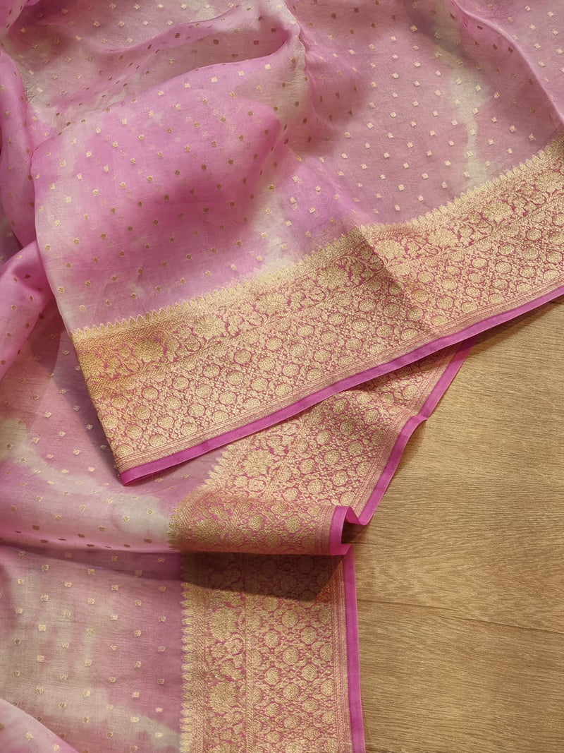 Pink Banarasi Kora Silk Saree with Lehariya Tie & Dye Pattern