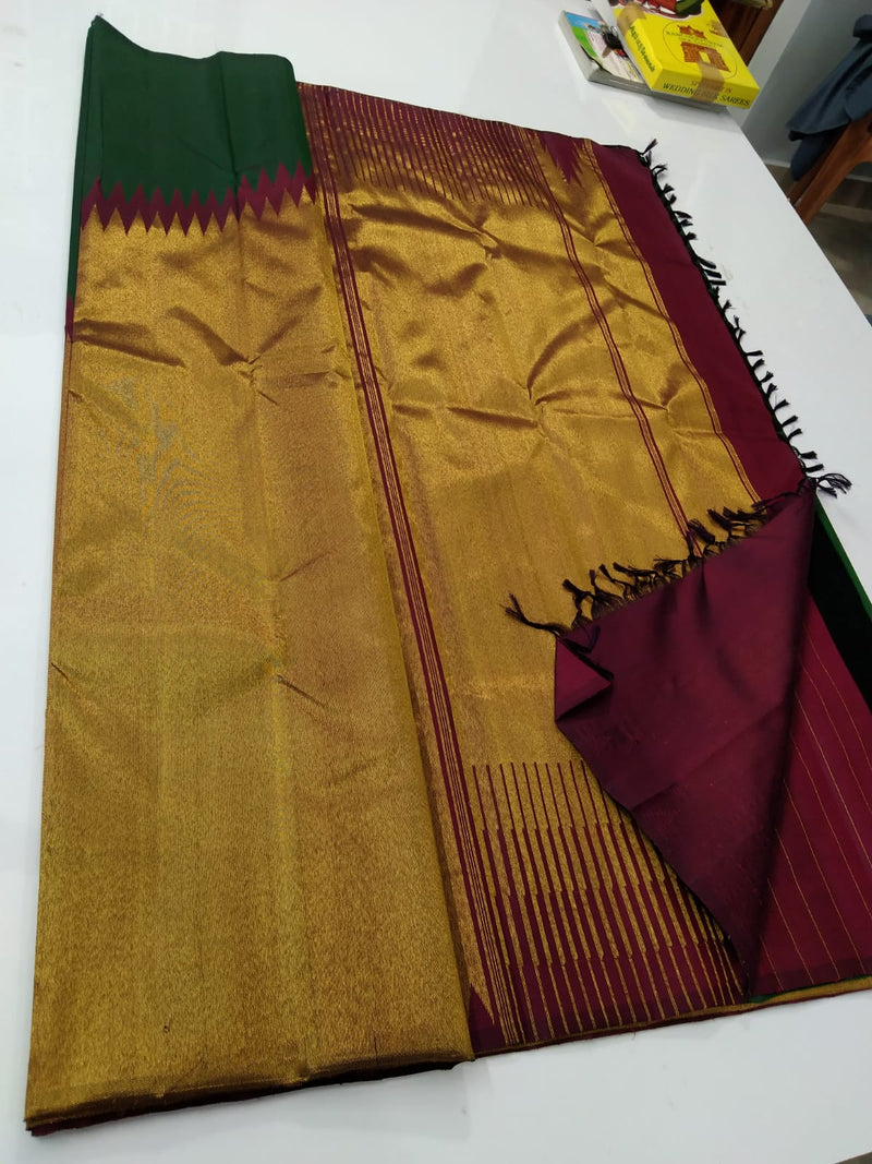 Green Maroon Korvai Raising Temple Border Kanchipuram Silk Saree