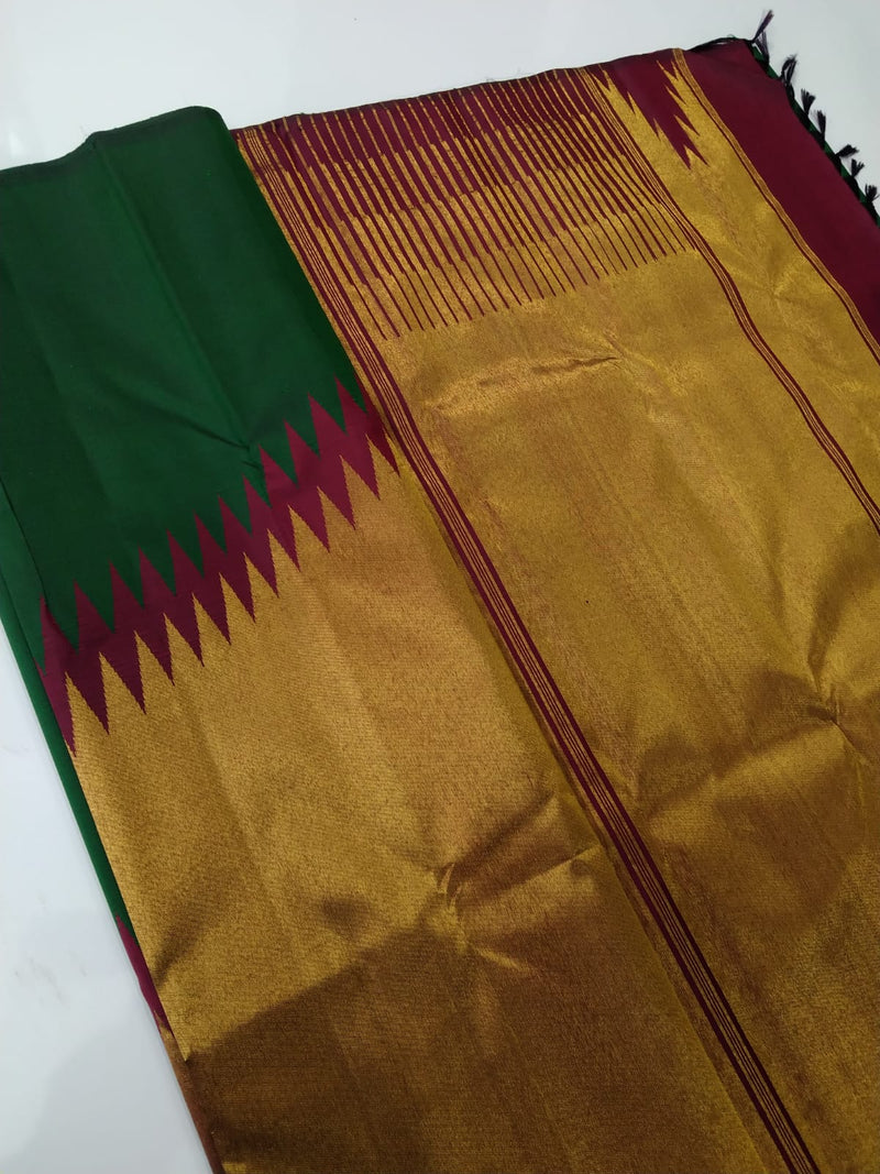 Green Maroon Korvai Raising Temple Border Kanchipuram Silk Saree