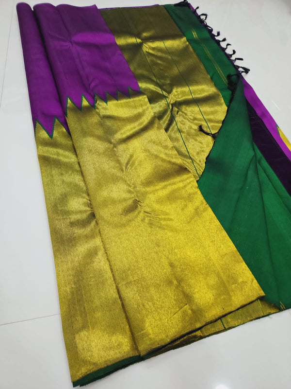 Purple Green Korvai Raising Temple Border Kanchipuram Silk Saree