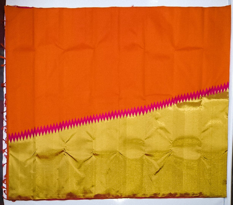 Orange Pink Korvai Raising Temple Border Kanchipuram Silk Saree